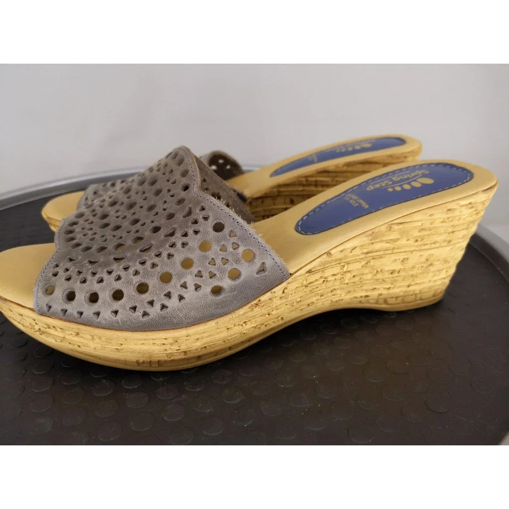 Spring Step Wedge Sandals Gray Leather Laser Cut Geometric Italy 42 10.5/11‎